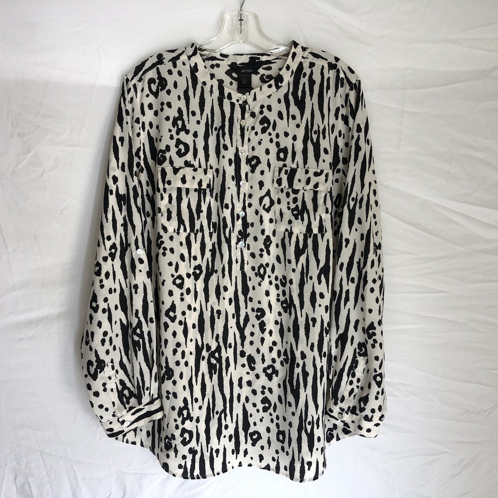 Ali Miles Shirt Womens Large White Animal Print Henley Roll Tab Tunic Top